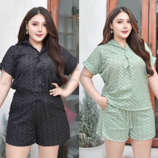 LK ชุดเซ็ต 2 ชิ้น ผ้าลูกไม้ฉลุปักลาย เสื้อแขนสั้นเบิ้ล คอโปโล Oversize Plussize กางเกงขาสั้น เอวยางหลัง