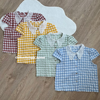 [พร้อมส่ง] เสื้อลายสก็อตปกฉลุขาว 4สี #6606