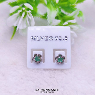 B6408 ต่างหูพลอยมรกตแท้ ( Emerald ) ตัวเรือนเงินแท้ 925 ชุบทองคำขาว