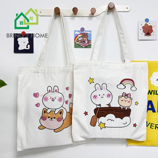 Bring 2 Home: Tote Bag กระเป๋าผ้าแคนวาส กระเป๋าสะพายไหล่ กระเป๋าผ้าสไตล์มินิมอลเกาหลี ลายการ์ตูนน่ารัก