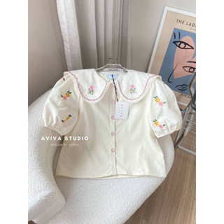 Aviva studio 🌸🩷เสื้อผ้าเปลือกไม้ปักลายดอกกระดุมชมพู