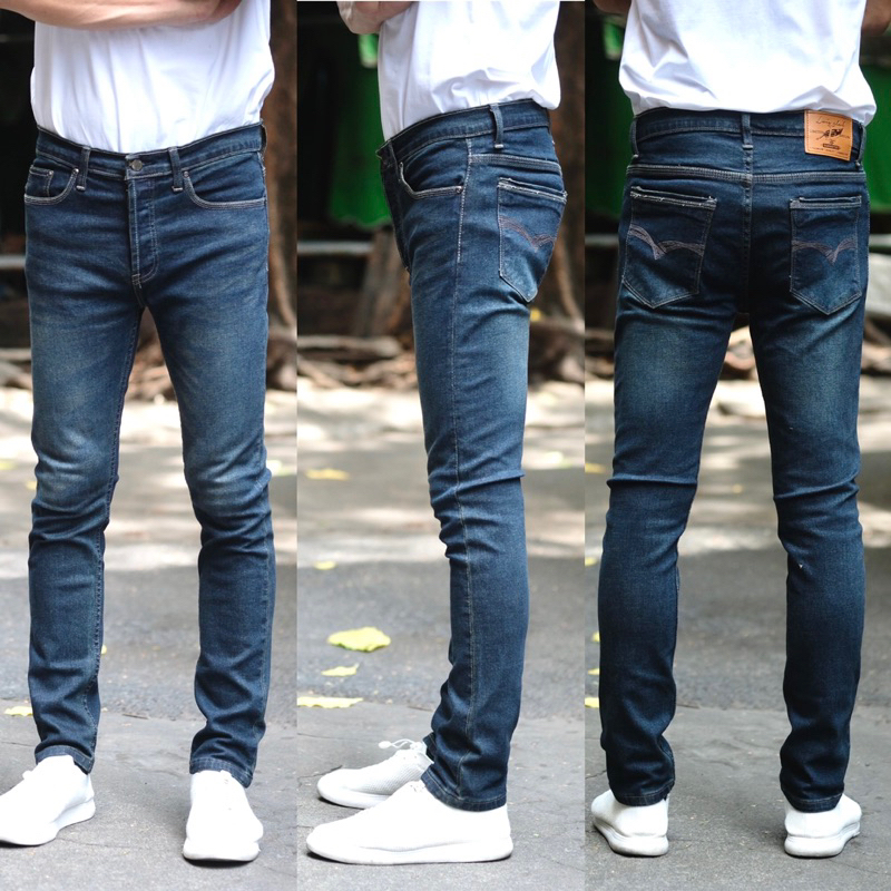 LVISCLUB JEANS กางเกงยีนส์ชาย ขากระบอกกึ่งเดฟผ้ายีนส์ยืดงานขัดฟอกสีสวย เป้ากระดุม