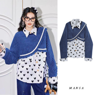 MANSA Blue Heart Print Shirt เสื้อโอเวอร์ไซส์ เชิ้ตลาย ชิ้ตเเขนยาว