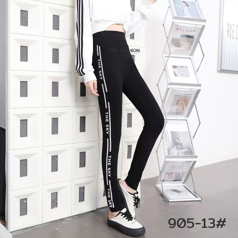 กางเกงเลกกิ้ง ขาวยาว ดำล้วน ดำแถบข้าง ผ้าทอ คอตตอนผสมสเปนเด็กซ์ ทรงรัดรูป ยืดตามรูปร่าง k004-905# - รูปที่ 3