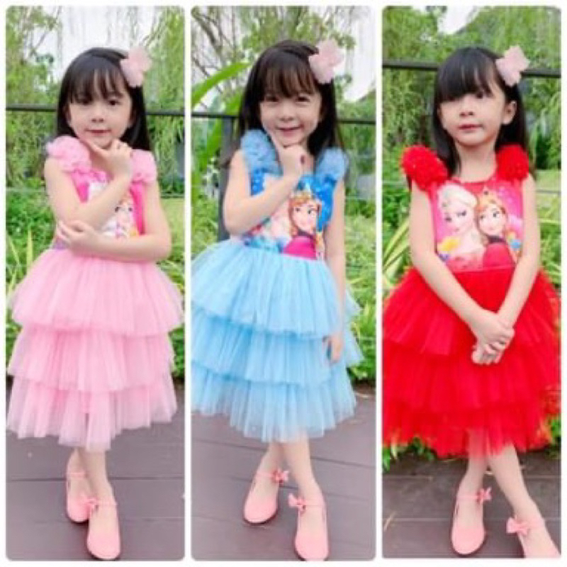 ชุดเด็กเจ้าหญิงเอลซ่า ไหล่ฟู 3 ชั้น 2 - 7 ขวบ