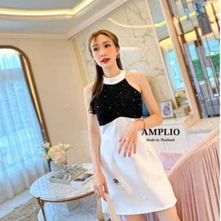 AMPLIO:Dress ผ้าวิ้งไข่มุขงานโบว์หลัง(*รบกวนเช็คสต๊อกก่อนกดสั่งซื้อ)