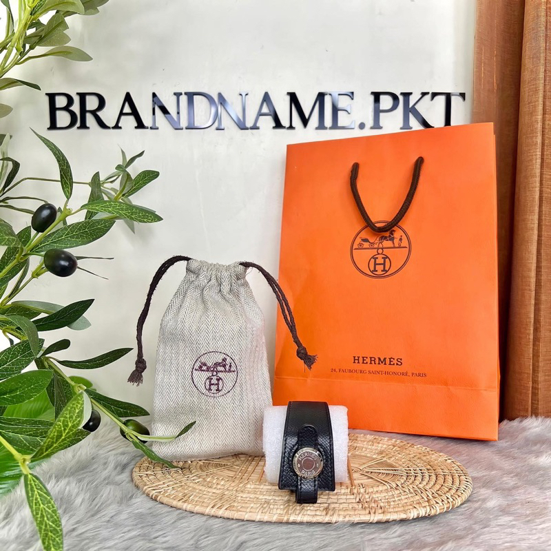 Hermes Leather Bangle Black Silver แท้💯