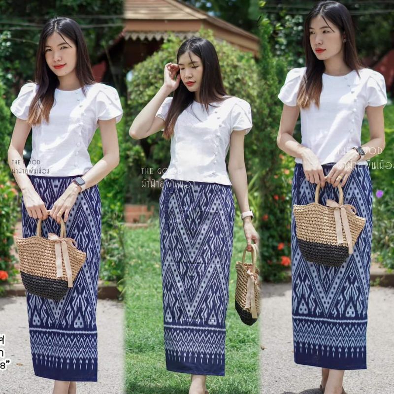 ชุดผ้าไทย เสื้อคอกลมแขนกลีบบัว+ผ้าถุงเย็บสำเร็จแบบเชือกผูก