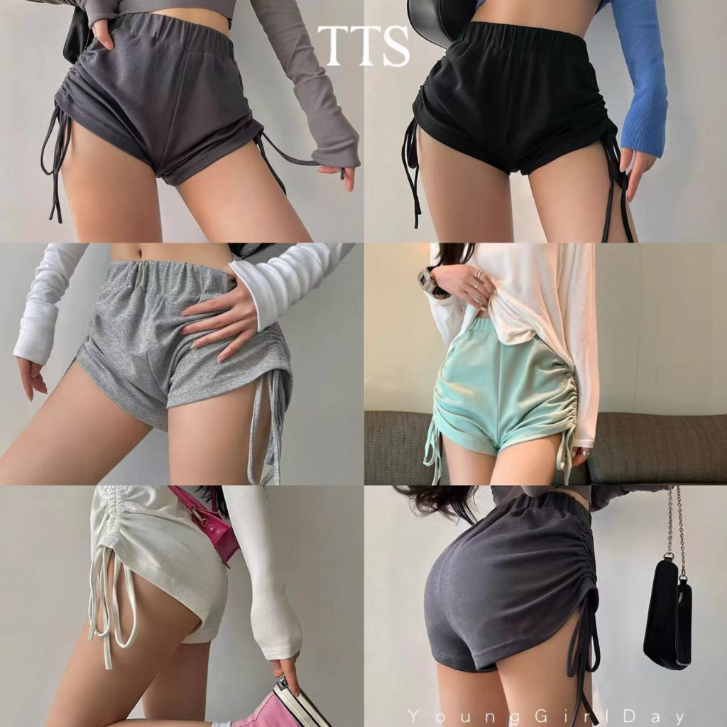 TTS สาวเซ็กซี่หวานและเผ็ดสไตล์ขี้เกียจเชือกจีบกางเกงขาสั้นกีฬาส่วนบางเอวสูงทุกการแข่งขันกางเกงร้อนอินเทรนด์อินเทรนด์