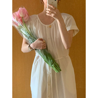 CHAWY Minimal cotton dress 🥝🌷 C4089 เดรสยาวมินิมอล เดรสยาว 3 สี ครีม ขาว ดำ