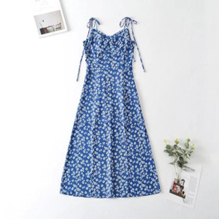 [𝗣𝗥𝗘-𝗢𝗥𝗗𝗘𝗥]🫐Blossom blue dress เดรสกระโปรงยาวสายเดี่ยวสม๊อคหลัง