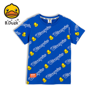 B.Duck เสื้อยืดเด็กผู้ชายแขนสั้นผ้าฝ้ายฤดูร้อนพิมพ์ลายตัวอักษรด้านบนแบบสวมหัว