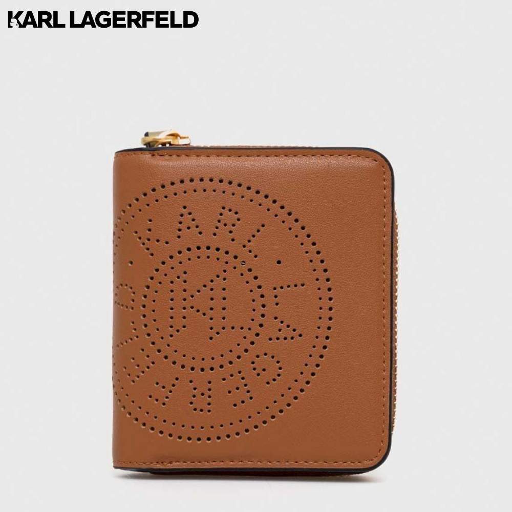 KARL LAGERFELD - K/CIRCLE SMALL FOLD ZIP WALLET PERFORATED LOGO SUDAN BROWN 231W3219 กระเป๋าสตางค์