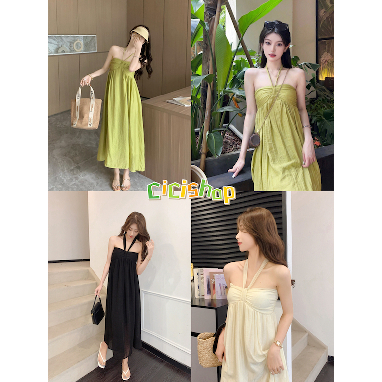 Cicishop(3073)ชุดเดรสยาวคล้องคอทรงเกาะอกใส่สบายฟริ้วๆ เหมาะกับซัมเมอร์นี้สุดๆ