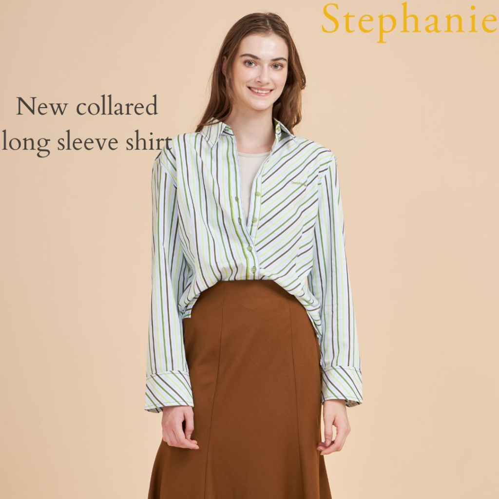 GSP Stephanie เสื้อเชิ้ตยาวลายทาง สีฟ้าเขียว(OWS51GR)