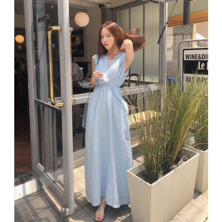 พร้อมส่ง ชุดเดรสยาว เดรสยาว คอวี แขนกุด สีฟ้า สไตล์เกาหลี มินิมอล