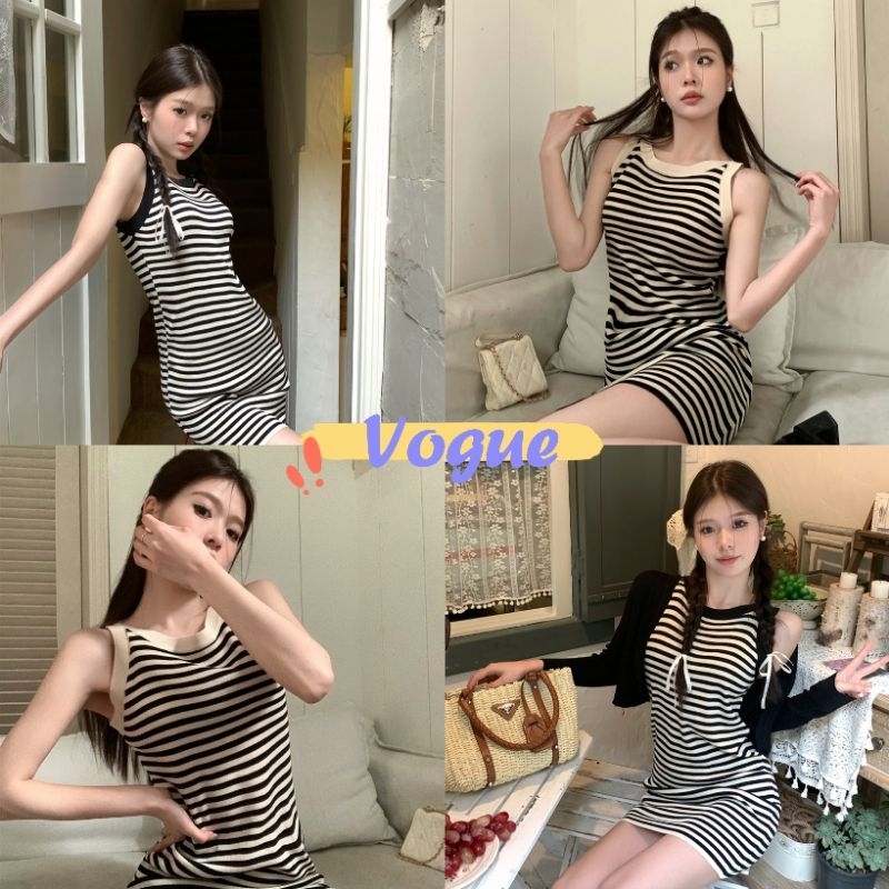 Vogue🌟พร้อมส่ง🌟 ชุดเดรสไหมพรมแขนกุด ดีเทลรัดรูปน่ารักสไตล์เกาหลีมาก (25053-1)