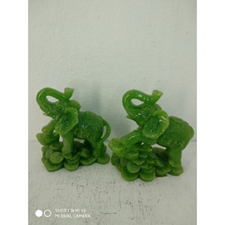 ช้างคู่เรซิ่นสีหยกเหยียบก้อนทอง+หยู่อี่สูง3.5นิ้ว