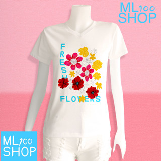 เสื้อยืดลาย fresh flowers ผ้า TK พิมพ์ลายลงในเนื้อผ้า - ML100SHOP (คอวี)