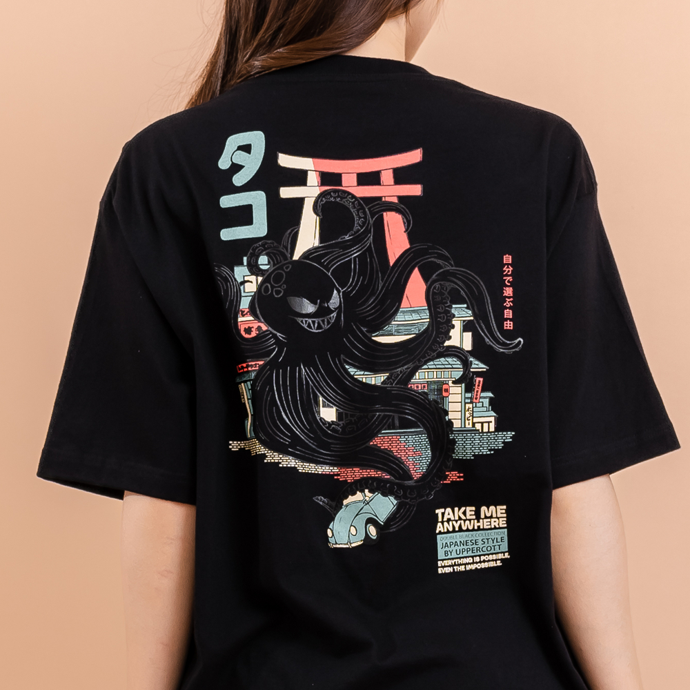 เสื้อยืด Oversize Premium Cotton100 Double Black Octopus UC09 เนื้อผ้าระดับไฮเอนด์ ไม่ย้วยไม่กระด้าง
