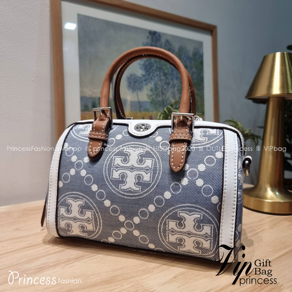 TORY BURCH Petite T Monogram Denim Barrel Bag / TORY MINI T MONOGRAM DENIM TOTE คอลเลคชั่นใหม่รับซัม