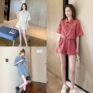 🔥ราคาถูกที่สุด🔥ชุดเซทผ้าคอตตอน 3 สี เสื้อครอปคอปกทรงใหญ่แต่งกระเป๋าหลอก+กางเกงขาสั้นมีกระเป๋าข้าง