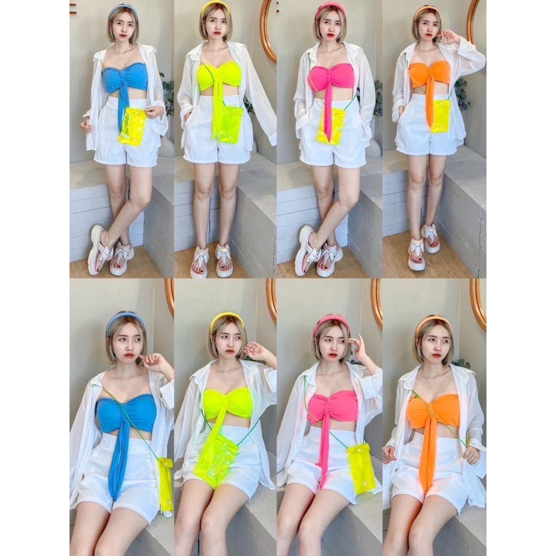 #ชุดคนอ้วน #ชุดสาวอวบ #เกาะอกผูกหลัง #กางเกงเอวสม็อค #เสื้อคลุมผ้าซีฟอง