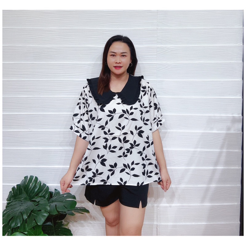 เสื้อสาวอวบคอปกบัวระบายพิมพ์ลวดลายใบไม้อก50”/พ010 ราคา ถูกที่สุด ดีลบีเคเค
