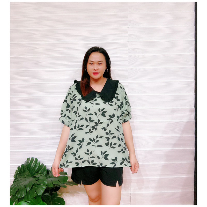 เสื้อสาวอวบคอปกบัวระบายพิมพ์ลวดลายใบไม้อก50”/พ010 ราคา ถูกที่สุด ดีลบีเคเค แกลเลอรีภาพที่ 5
