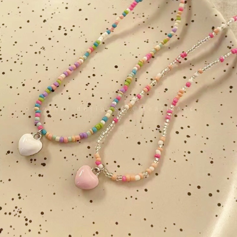 PSS สร้อยคอ ลูกปัดหลากสี จี้หัวใจ สร้อยวินเทจ