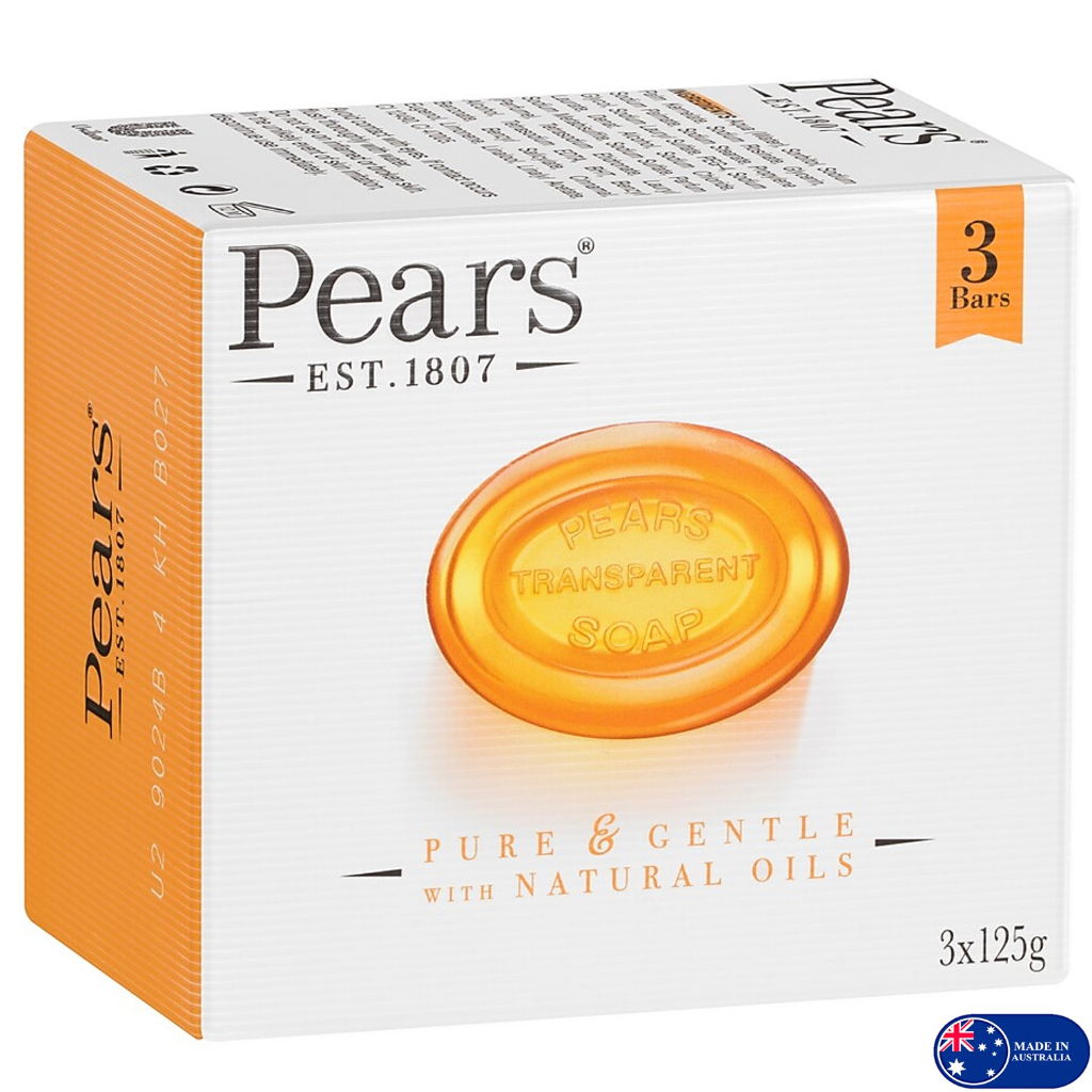 Pears Pure And Gentle With Natural Oils Bar Soap 3X125G สบู่ทำความสะอาดผิวกายสูตรพิเศษเพื่อผิวเนียนน