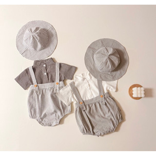 ชุด Romper เด็กลายสก็อต + หมวก + เสื้อแขนสั้น พร้อมจัดส่ง
