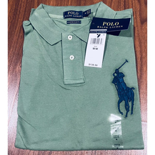 Polo Ralph Lauren Custom Slim-Fit Big Pony Mesh Short-Sleeve Polo Shirt, Green เสื้อโปโลเชิ้ต แขนสั้น ปักม้าใหญ่