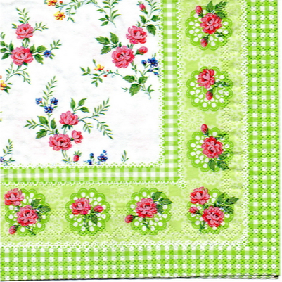 Pladao Napkin ภาพ ดอกไม้ ช่อกุหลาบจิ๋ว ในกรอบสก็อต เขียว กระดาษ แนพกิ้น สำหรับงานศิลปะ เดคูพาจ decoupage ขนาด L 33x33