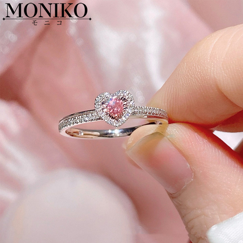 MONIKO แหวนเพชร รูปหัวใจ สีชมพู หรูหรา เครื่องประดับ สําหรับผู้หญิง
