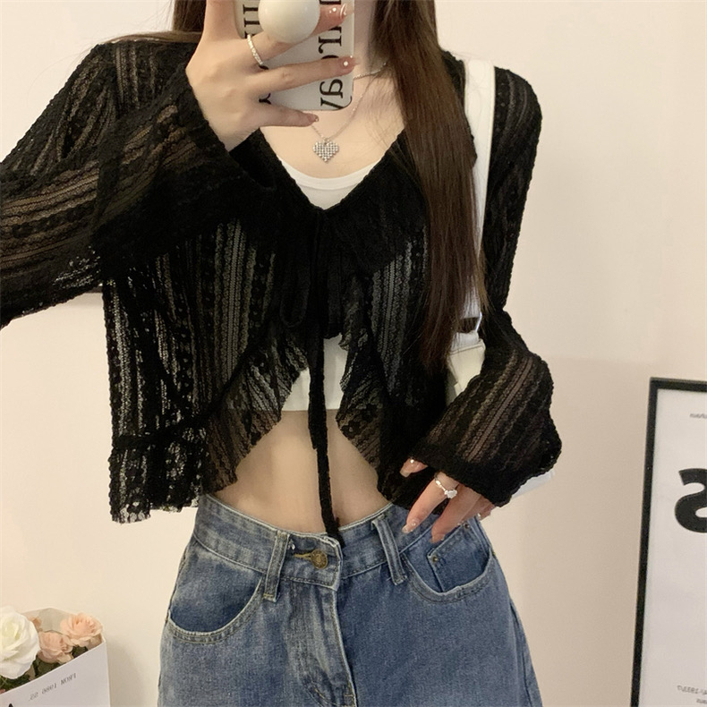 ส่งทันที Cici(NO. 61583)เสื้อแขนยาวซีทรูเบาๆ แต่งสายผูกโบว์หน้าชายระบาย ลายฉลุสวยน่ารักสุดๆ - รูปที่ 6