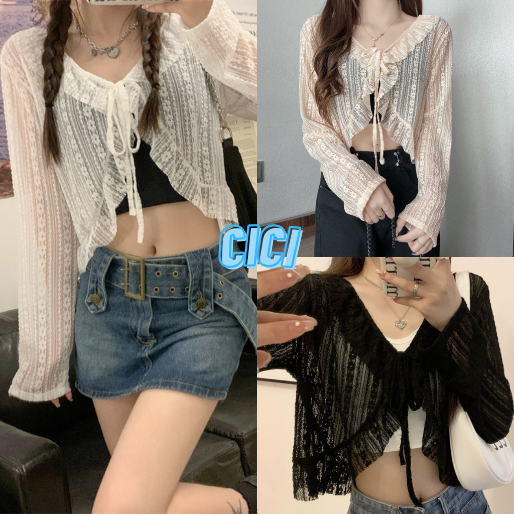 ส่งทันที Cici(NO. 61583)เสื้อแขนยาวซีทรูเบาๆ แต่งสายผูกโบว์หน้าชายระบาย ลายฉลุสวยน่ารักสุดๆ