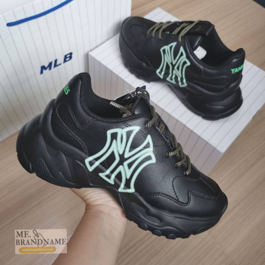 ของแท้ 💯% MLB Bigball Chunky A Neon NY รองเท้าสีดำ logo NY เขียว 🖤💚 รุ่นนี้โลโก้เรืองแสงในที่มืดได้ด