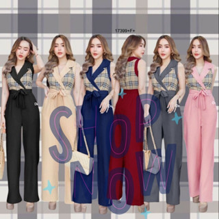 ME17399 Jumpsuit จั้มสูทขายาว แขนกุด คอปก อกแต่งลาย BBR ทรงเชือกผูกเอว งานสุดหรู ทรงเข้ารูปสวย งานน่ารักๆดีไซน์เก๋ คอล​ใ