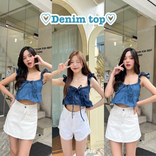 ♡Denim top♡เสื้อครอปยีนส์แขนระบาย/ป้ายhoneymood🏷