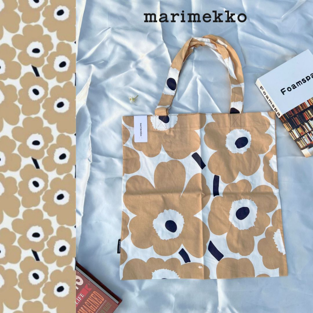 ✨พร้อมส่ง+แถมถุงเท้าฟรี✨Marimekko Cream ของแท้ 100%  ราคาถูกที่สุด ถุงผ้าMarimekko Tote Bag กระเป๋าผ้า ขนาด 44x43cm