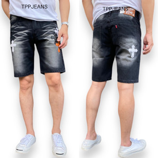 JEANSEXPRESS Mens Shorts กางเกงยีนส์ขาสั้นชายสีดำฟอกแต่งหนัง ความยาวเหนือเข่า แต่งหนัง เป้าซิป Size 28-36