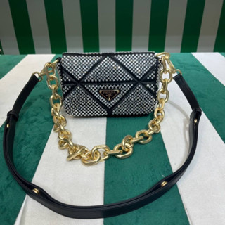 New Prada Satin mini-bag with crystals (Ori) เทพ size 17x11.5x6 cm.X