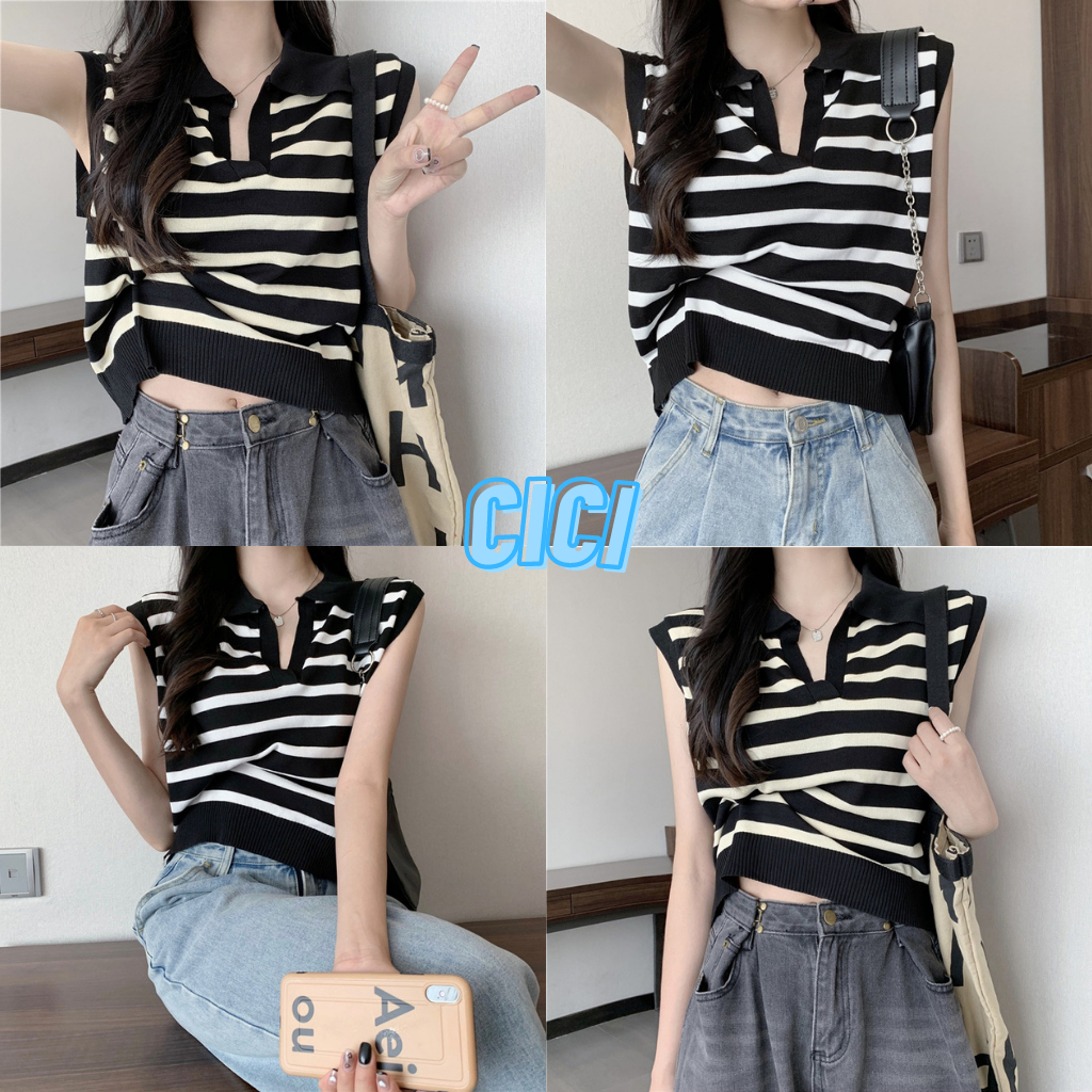 ส่งทันที Cici(NO. 82101)เสื้อแขนกุดลายทางคอปก เพิ่มเว้าหน้า ผ้าใส่สบายแมทซ์ง่ายสไตล์เกาหลี