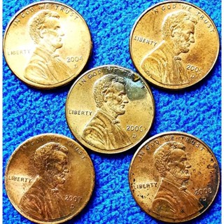 เหรียญ​สหรัฐอเมริกา​ USA, 1​Cent​ Lincoln, เรียง​ปี​ 2004-2008, รวม 5 เหรียญ​ 20 บาท, #​652, ใช้แล้ว