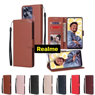 เคสหนังฝาพับ Realme C55 C53 C33 C35 เคสหนังหรูเรียบ พร้อมสายห้อยมือ