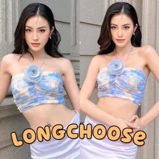 Bluerose crops เสื้อครอป เสื้อคล้องคอ แต่งดอกกุหลาบนูน ลายดอก สีฟ้า สไตล์y2k lucky7