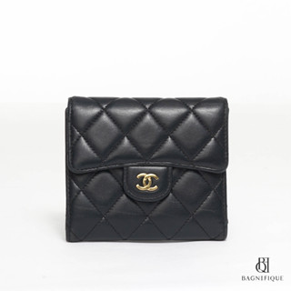 CHANEL TRIFOLD WALLET SHORT BLACK LAMB GHW