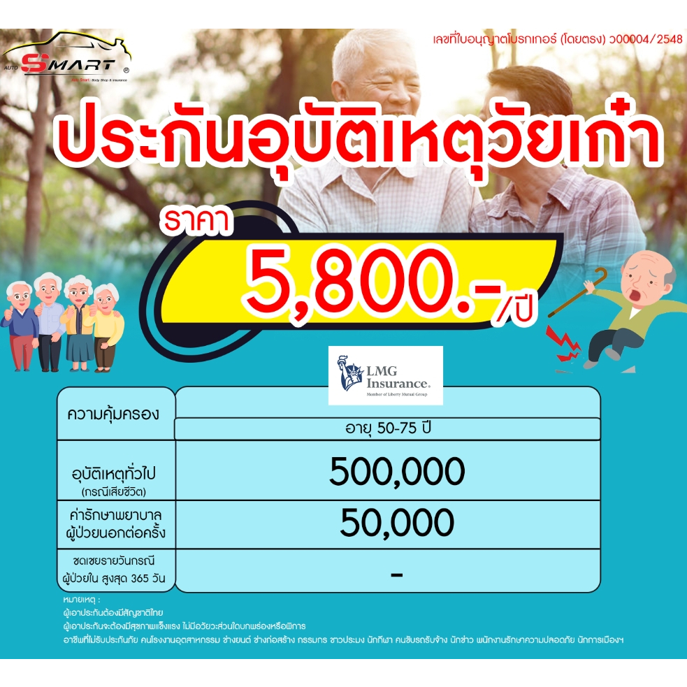 ประกันอุบัติเหตุสูงวัย เริ่มต้น 1,555.-ต่อปี ประกันอุบัติเหตุ วัยสูงอายุ วัยเก๋า  ราคาดี ไม่มีบวกเพิ่ม
