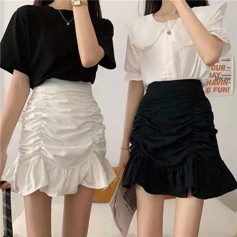 Sugar❤️พร้อมส่ง❤️กระโปรแฟชั่นผู้หญิง เอวสม๊อค กระโปรงฟรุ้งฟริ้งสายเกาหลี(888)